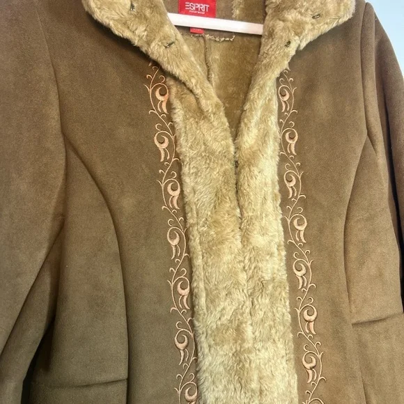 Vintage Esprit Faux Fur Suede Lined Long Coat Brown Size Medium - Picture 3 of 9